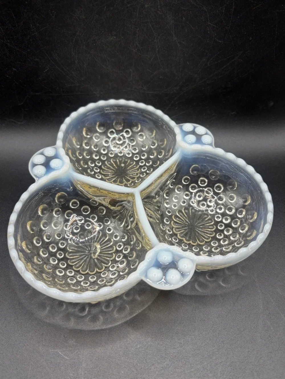 Vintage Opalescent Moonstone Hobnail Clear White Glass Divided Serving Dish